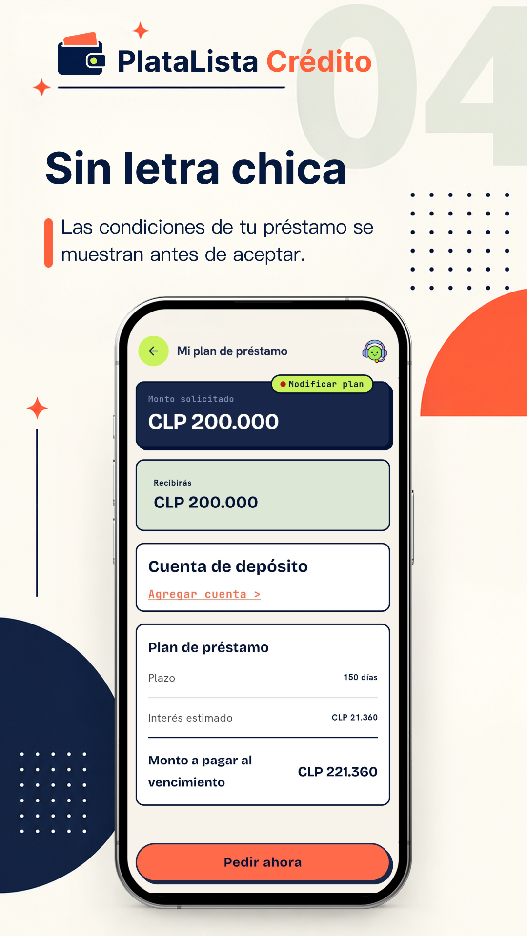 Pantalla de simulación de préstamo de PlataLista Crédito